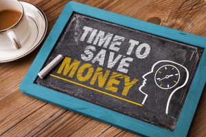 Blackboard drawing of human mind with the text Time to save Money