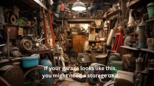 A garage stuffed with beach gear, tools, suitcases, sports equipment and more, but no car.