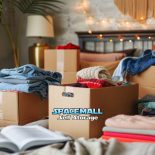 A bed covered in boxes full of folded clothing.