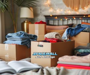 A bed covered in boxes full of folded clothing.