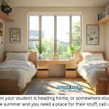 A college dorm room in shades of beige, with twin beds flanking a bright window.
