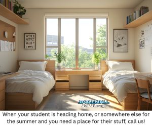 A college dorm room in shades of beige, with twin beds flanking a bright window.